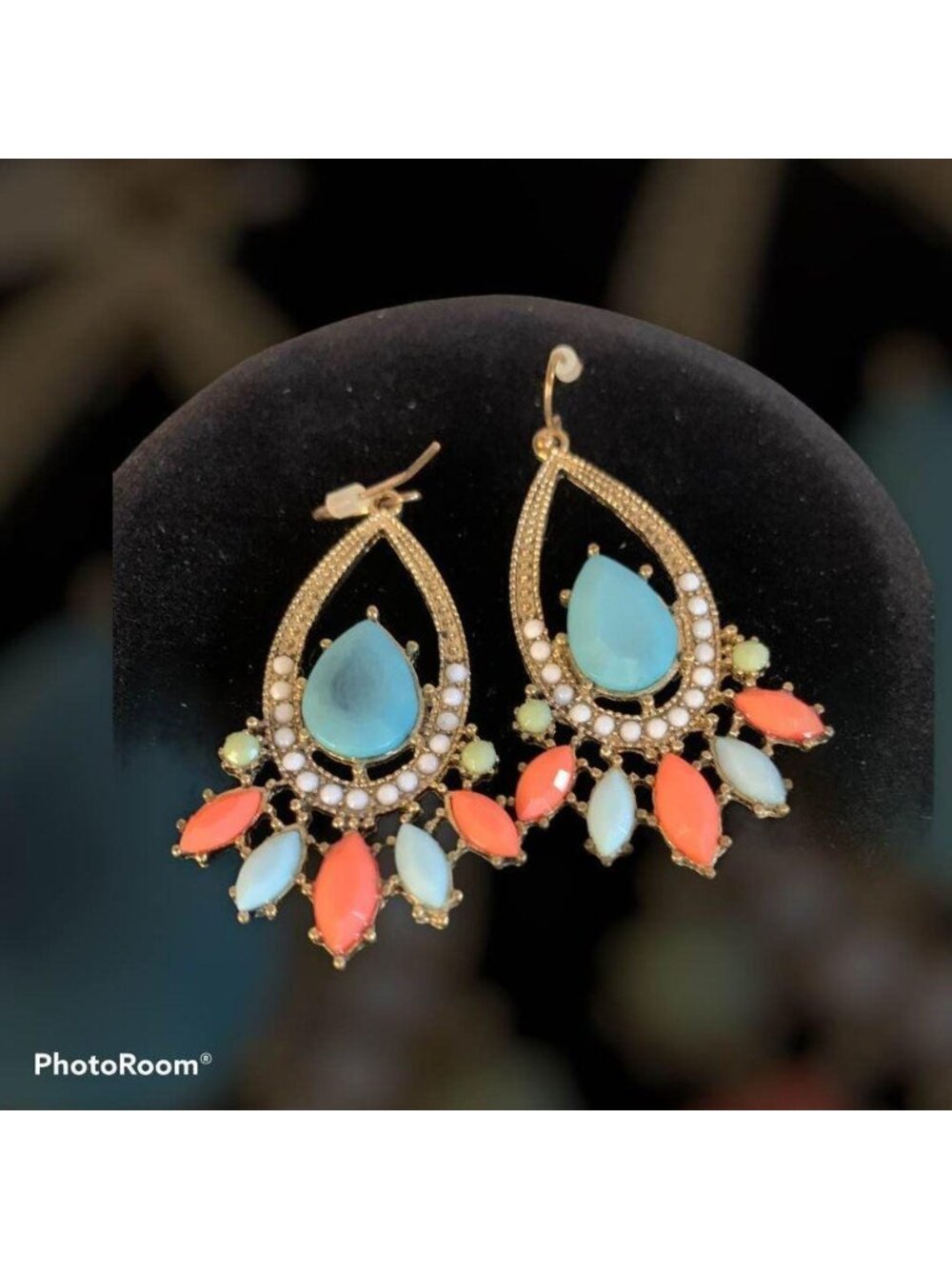 Dangling Coral and Seafoam Green set in Gold Earrings